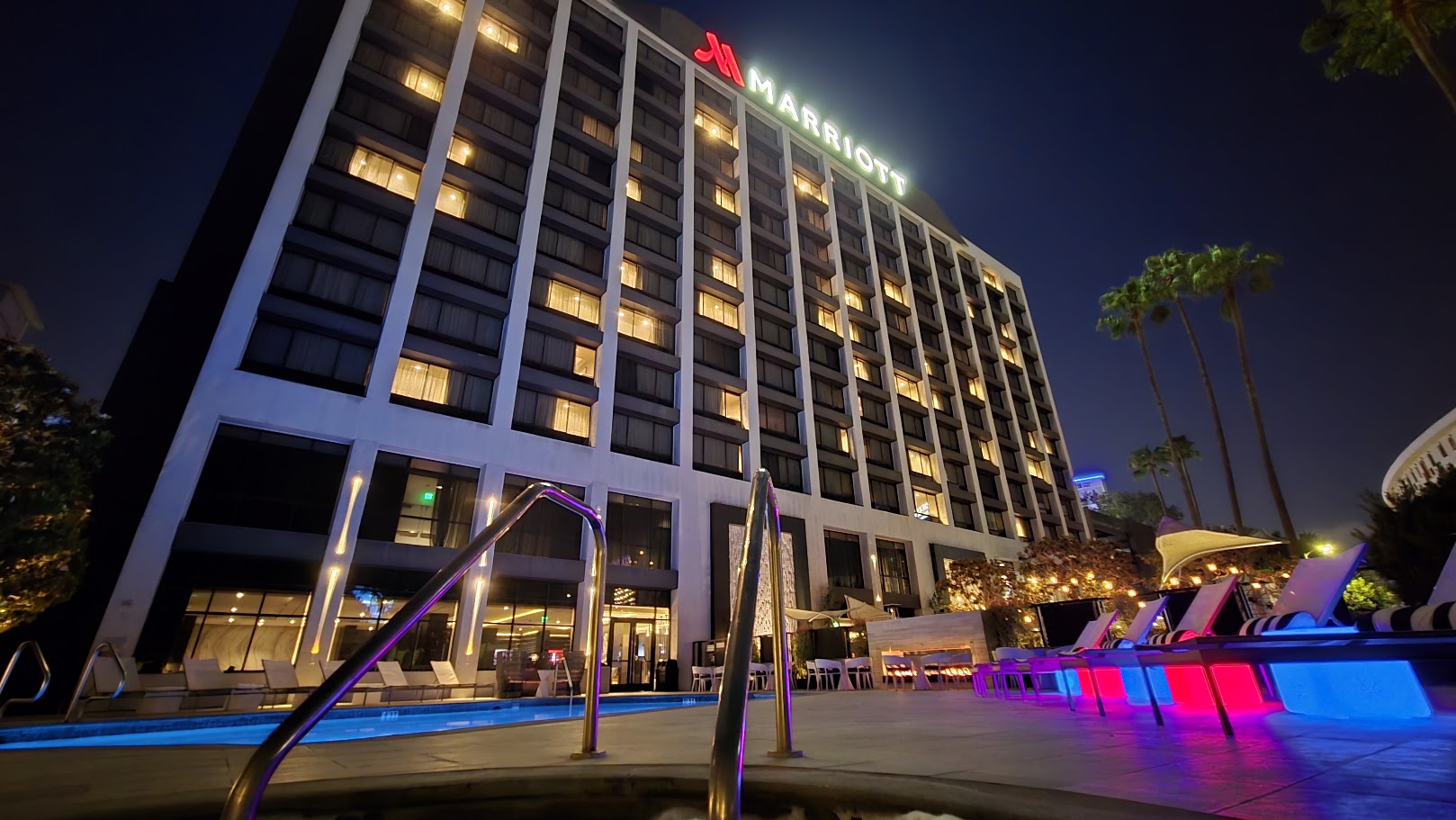 Beverly Hills Marriott Pool and Tower at Night