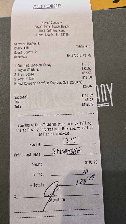 Signed Bar Folio Receipt ($128.79)